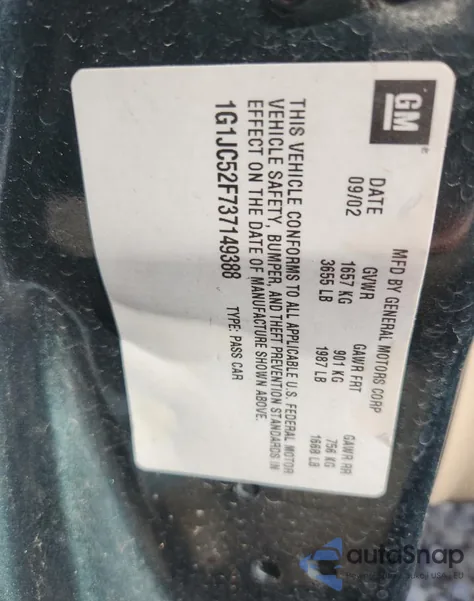 2003 Chevrolet Cavalier from USA, damaged, VIN 1G1JC52F737149388